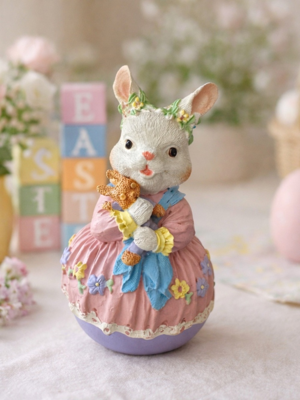 Vintage Easter Bunny Figurine Pastel Rabbit Spring Decor Cottagecore Decor